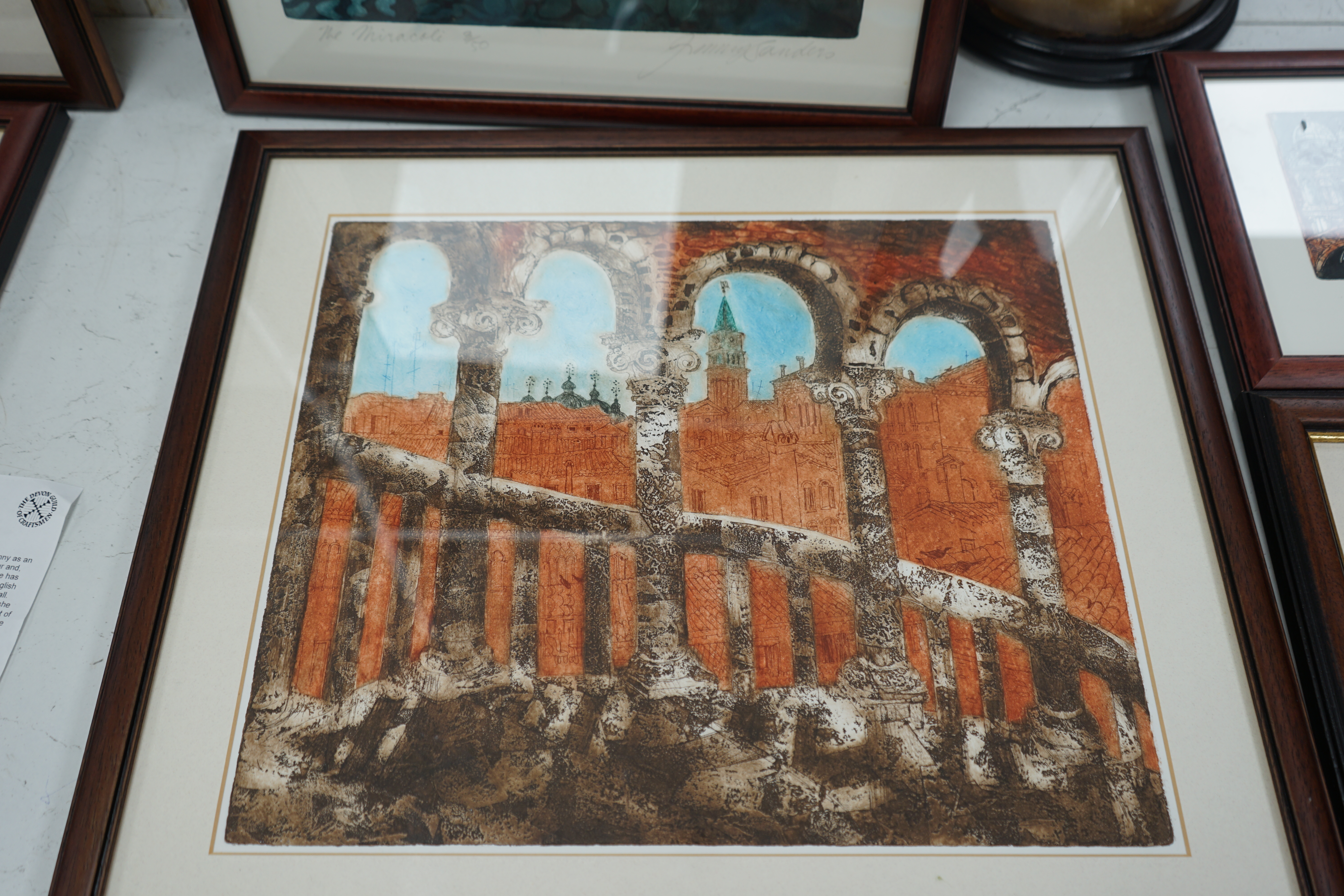 Jenny Sanders, four colour etchings, Venetian scenes including ‘Santa Maria Dei Miracoli’ and ‘View from the Bavolo’, three pencil signed and limited edition, largest 52 x 40cm. Condition - good